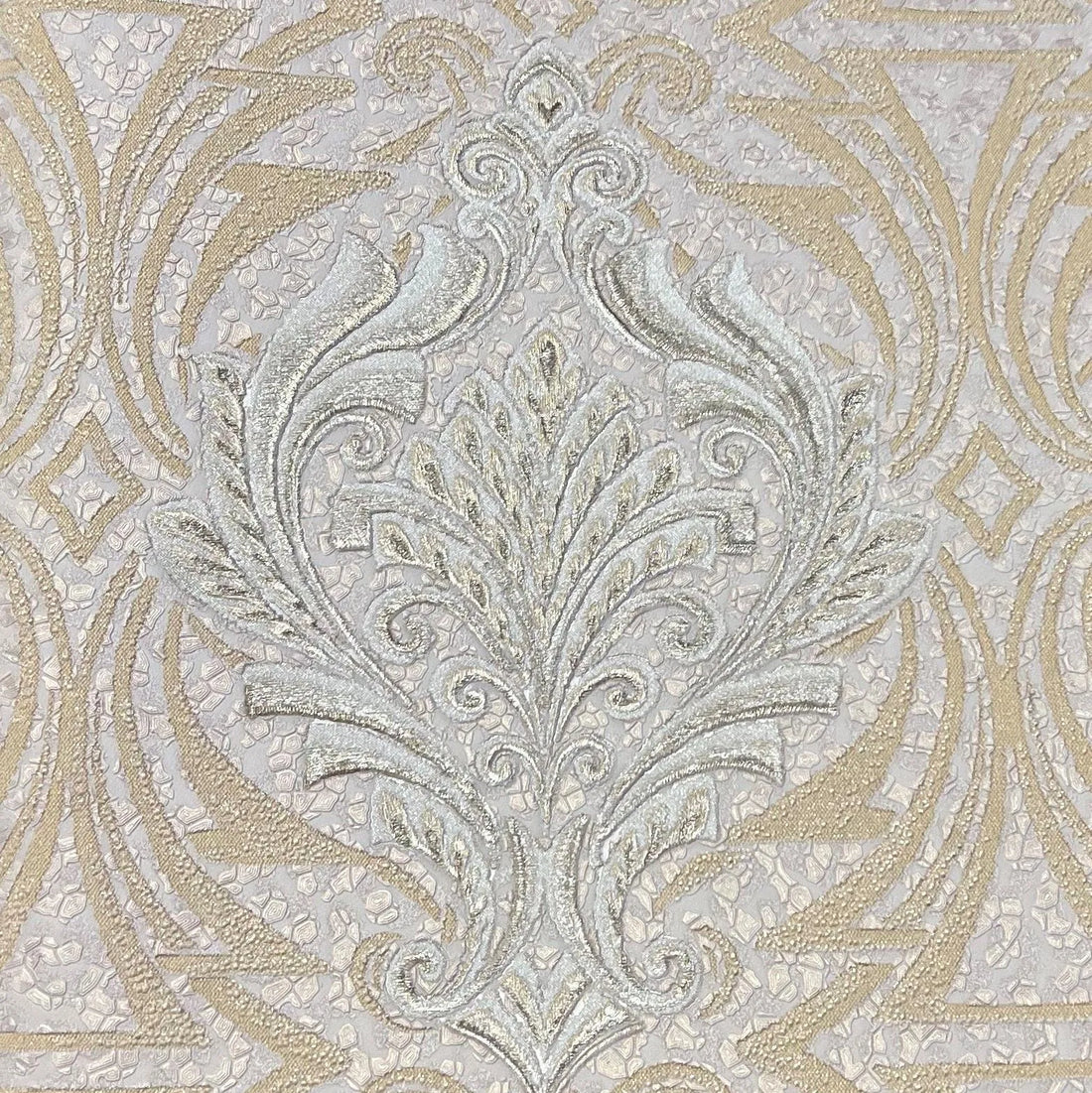 Closeup of a wallpaper showing its Damask, Luxury, Textures, Vinyl pattern, color, and subtle texture.