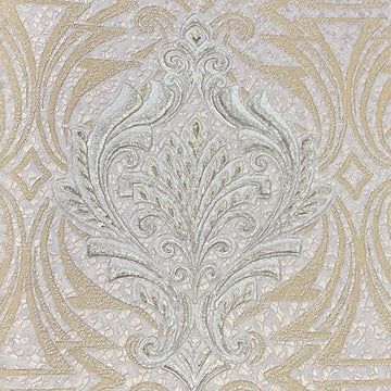 Closeup of a wallpaper showing its Damask, Luxury, Textures, Vinyl pattern, color, and subtle texture.