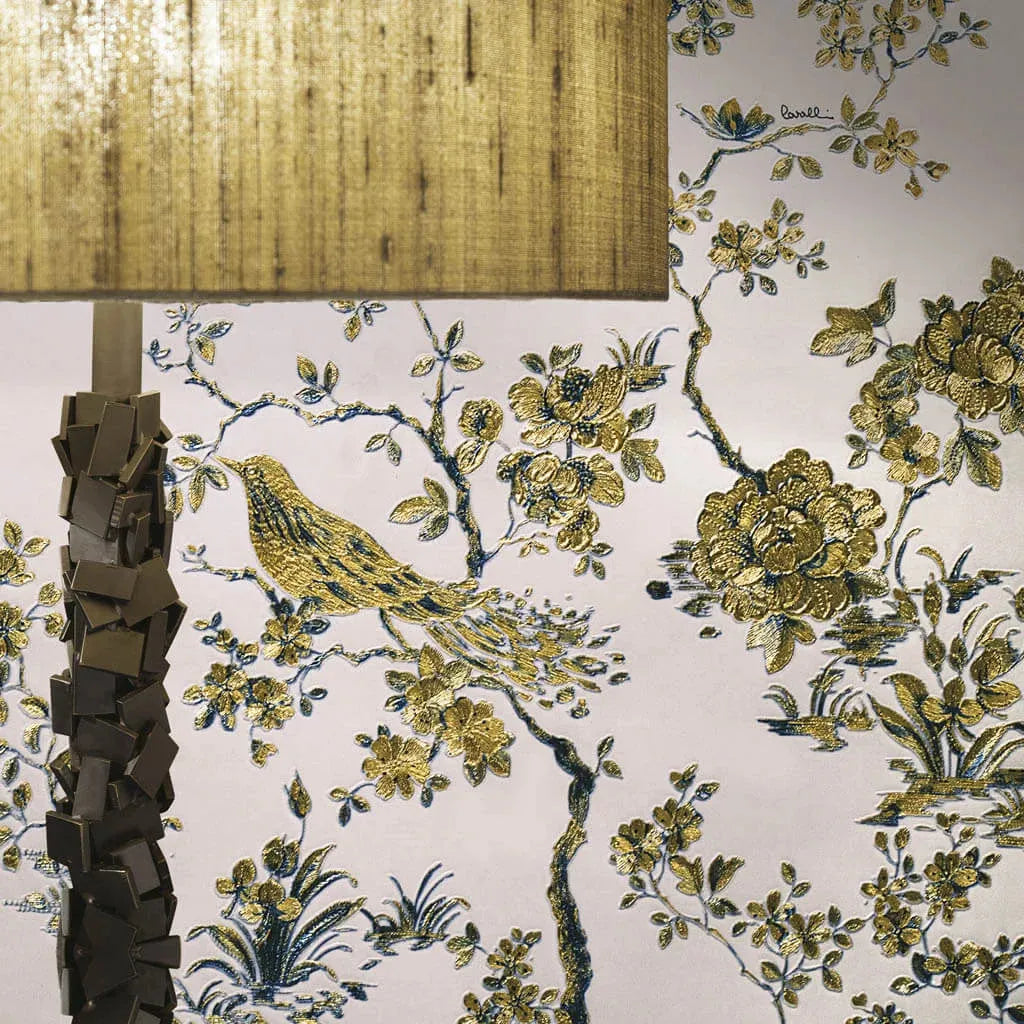 Closeup of a wallpaper showing its Birds, Floral, Gold, Luxury, Nature, Textures, Vinyl, White pattern, color, and subtle texture.