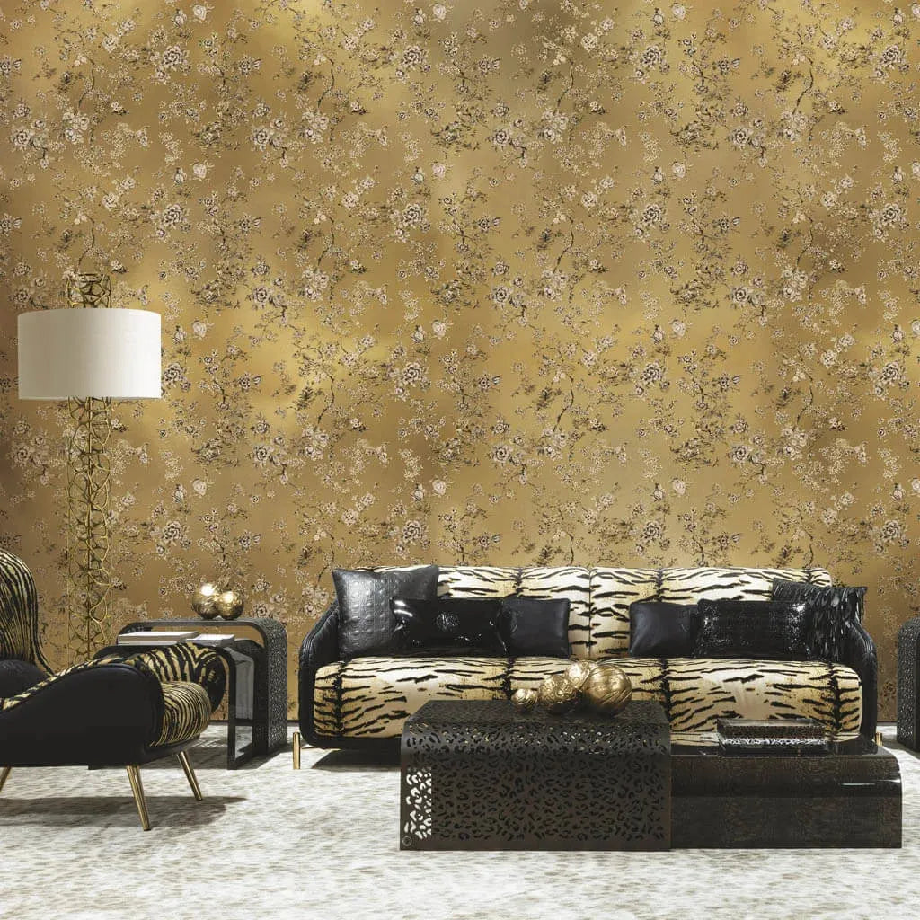 Closeup of a wallpaper showing its Birds, Floral, Gold, Luxury, Nature, Textures, Vinyl pattern, color, and subtle texture.