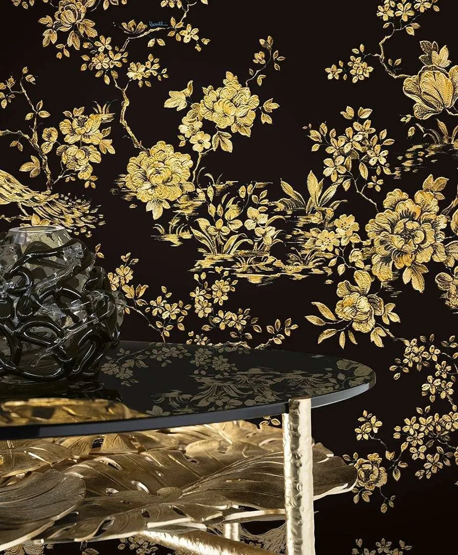 Closeup of a wallpaper showing its Birds, Black, Floral, Gold, Luxury, Nature, Textures, Vinyl pattern, color, and subtle texture.