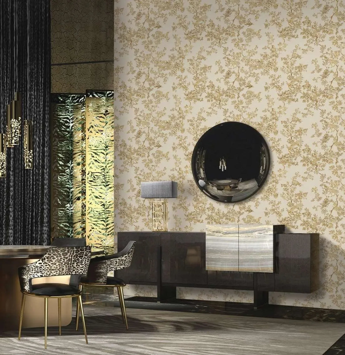 Closeup of a wallpaper showing its Birds, Floral, Gold, Luxury, Nature, Silver, Textures, Vinyl pattern, color, and subtle texture.