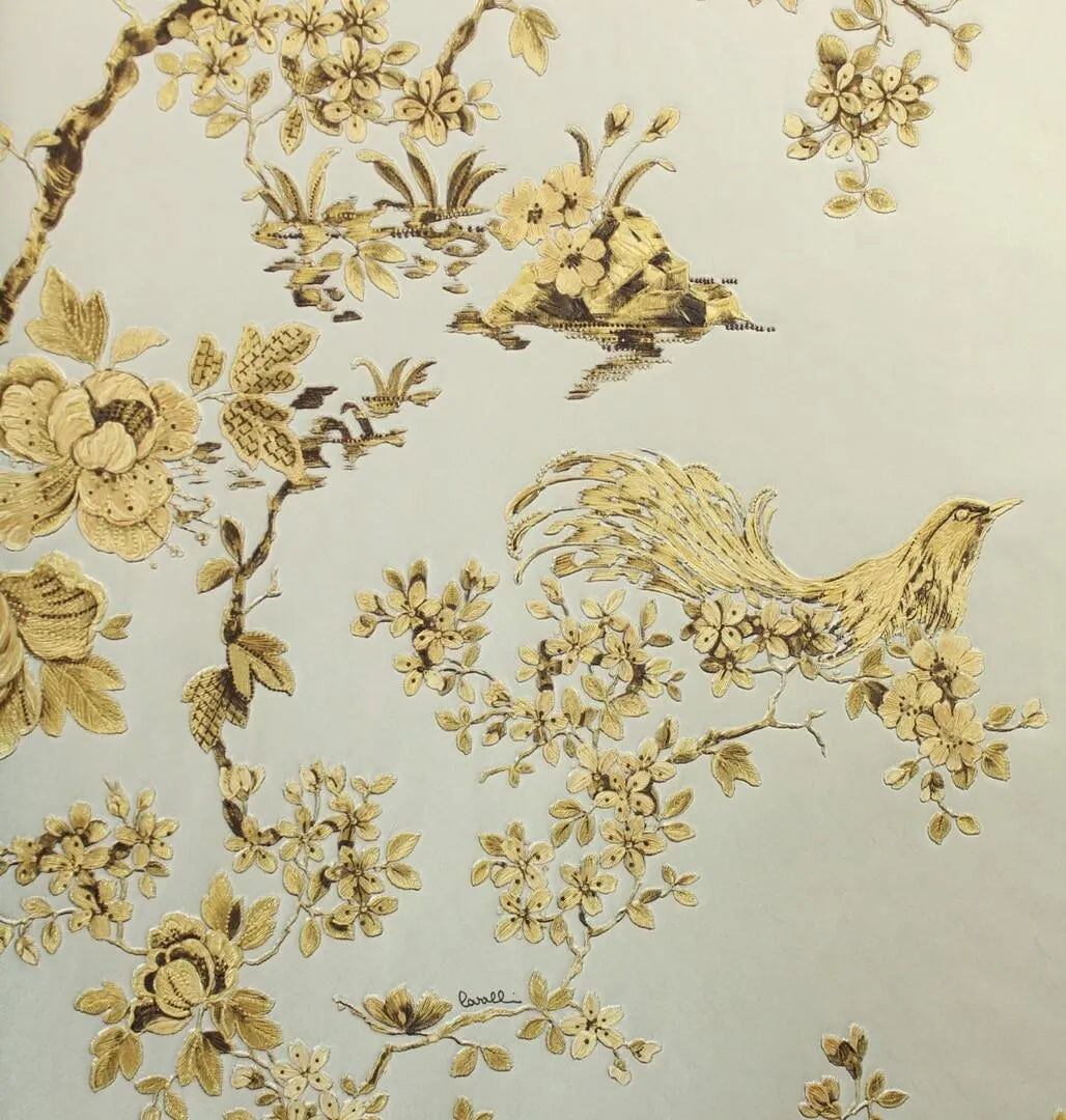 Closeup of a wallpaper showing its Birds, Floral, Gold, Luxury, Nature, Silver, Textures, Vinyl pattern, color, and subtle texture.