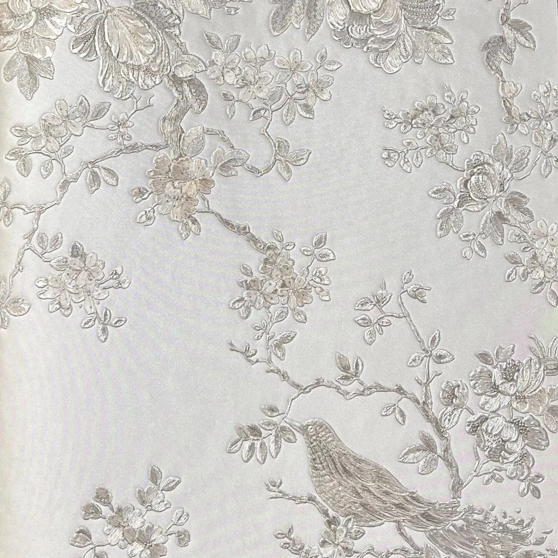 Closeup of a wallpaper showing its Birds, Floral, Luxury, Monochrome, Nature, Silver, Textures, Vinyl pattern, color, and subtle texture.