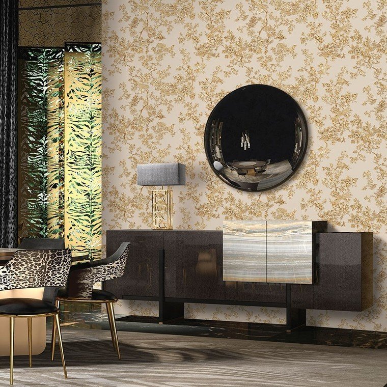 Closeup of a wallpaper showing its Birds, Floral, Gold, Luxury, Nature, Silver, Textures, Vinyl pattern, color, and subtle texture.