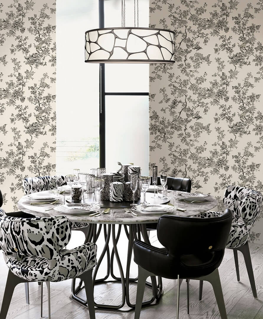 Closeup of a wallpaper showing its Birds, Floral, Luxury, Monochrome, Nature, Textures, Vinyl pattern, color, and subtle texture.