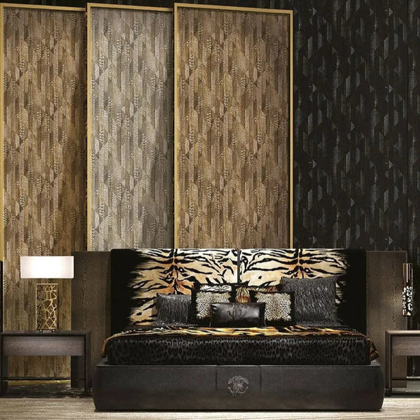 Wallpaper installed in a room showing its full pattern, color