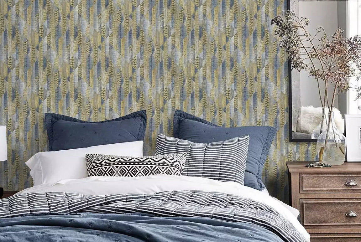 Roberto_Cavalli_RC19070 wallpaper installed in a bedroom with a large stuffed bed and nightstand