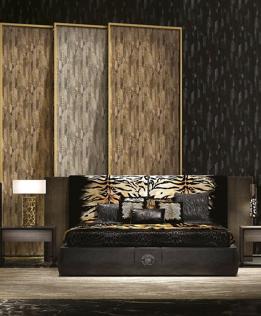 Roberto_Cavalli_RC19071 wallpaper installed in a luxury bedroom in 4 colour variations 