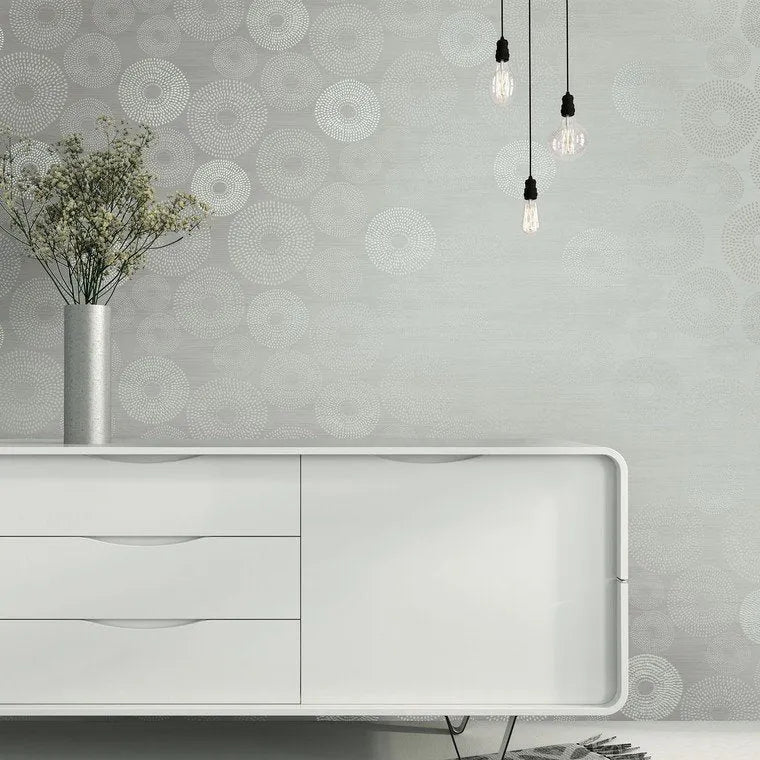 Closeup of a wallpaper showing its Circles, Contemporary, Monochrome, White pattern, color, and subtle texture.