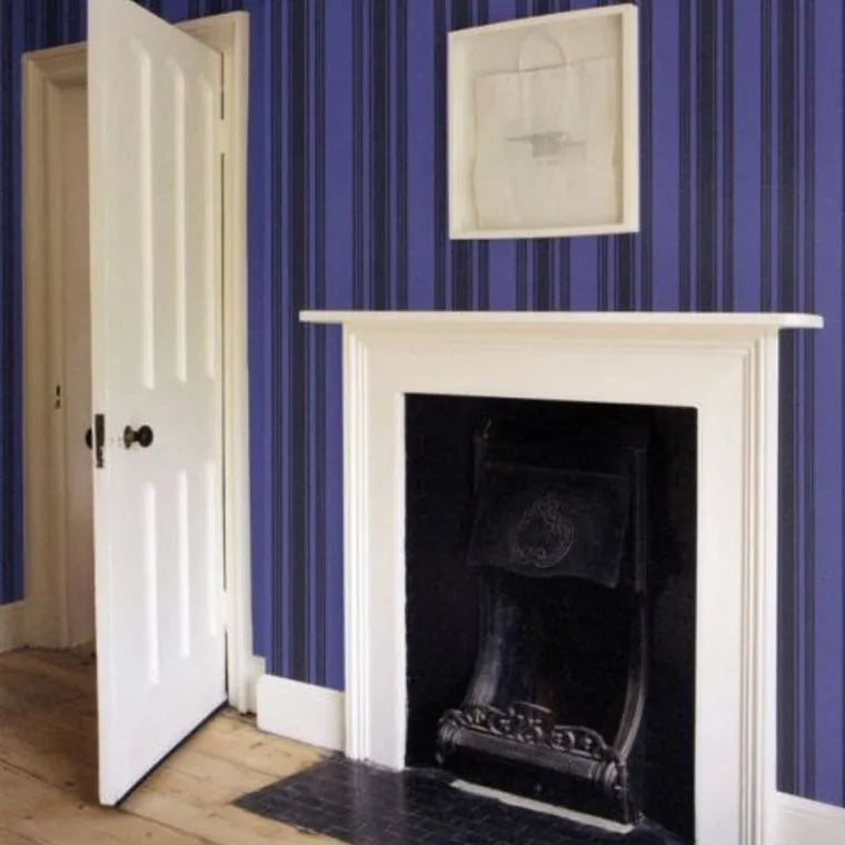 Closeup of a wallpaper showing its Blue, Stripes, Two-tone pattern, color, and subtle texture.