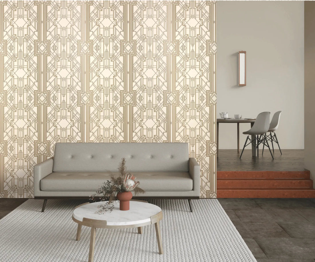 Closeup of a wallpaper showing its Art-Deco, Contemporary, Geometric, Neutrals pattern, color, and texture.