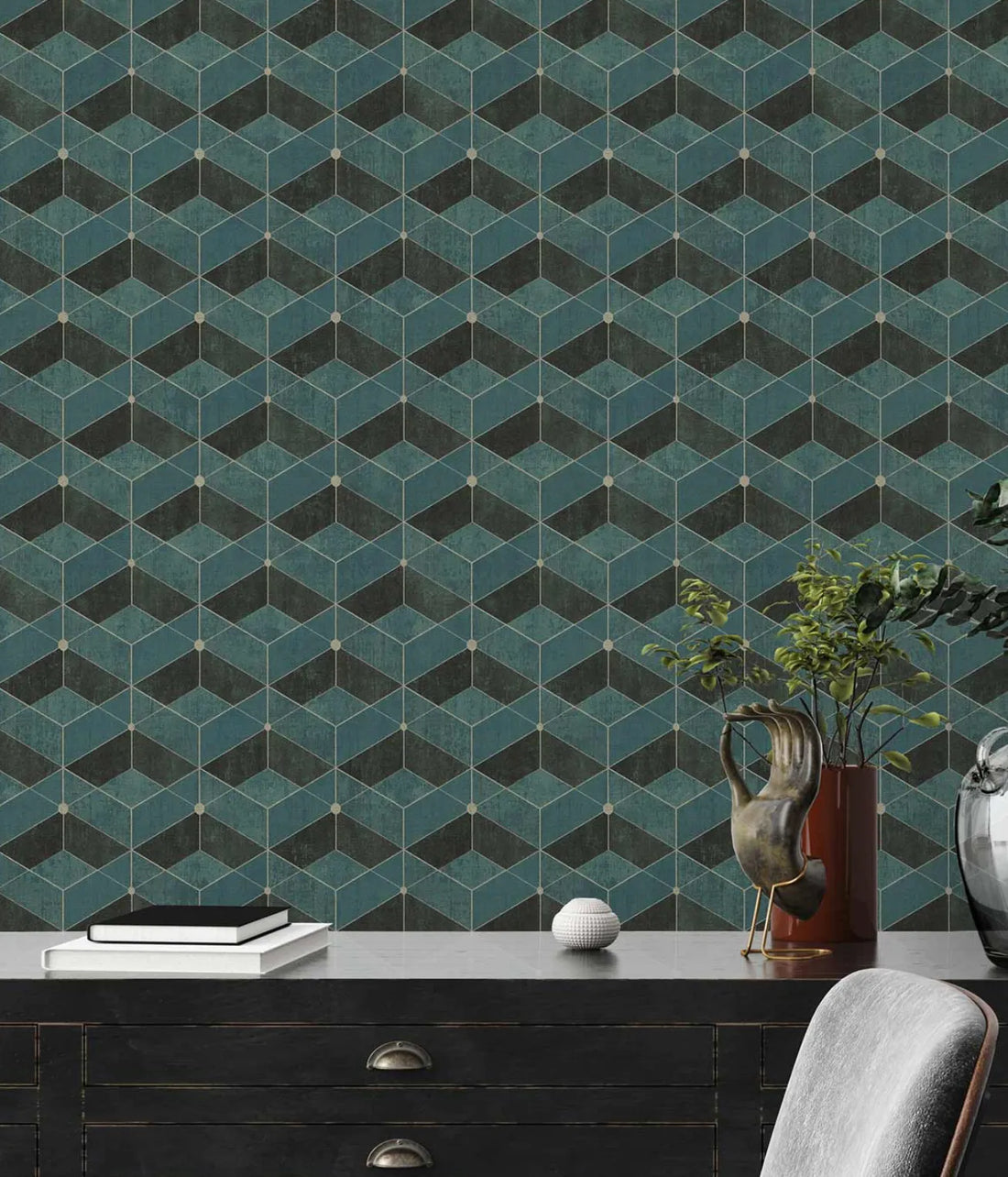 Closeup of a wallpaper showing its Art-Deco, Contemporary, Geometric pattern, color, and subtle texture.