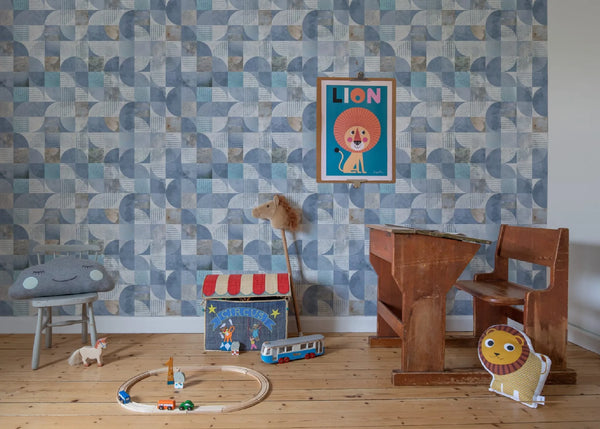 Wallpaper installed in a room showing its full pattern, color