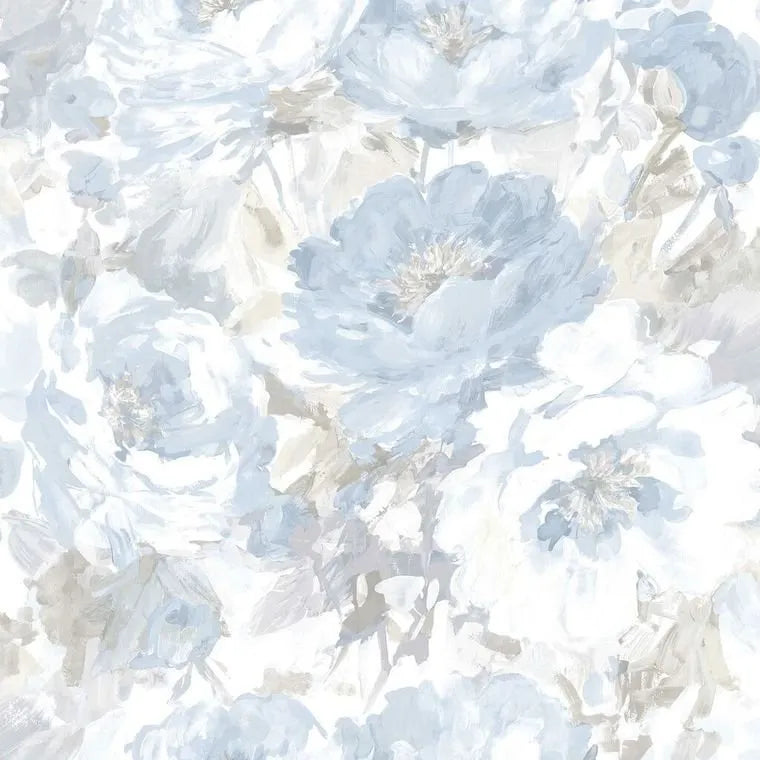 Closeup of a wallpaper showing its Blue, Floral, Grey, White pattern, color, and subtle texture.