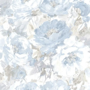 Closeup of a wallpaper showing its Blue, Floral, Grey, White pattern, color, and subtle texture.