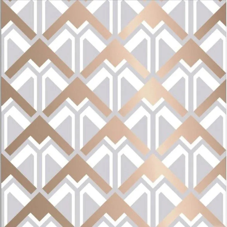 Closeup of a wallpaper showing its Art-Deco, Contemporary, Geometric, Gold, Metallic, Silver pattern, color, and subtle texture.