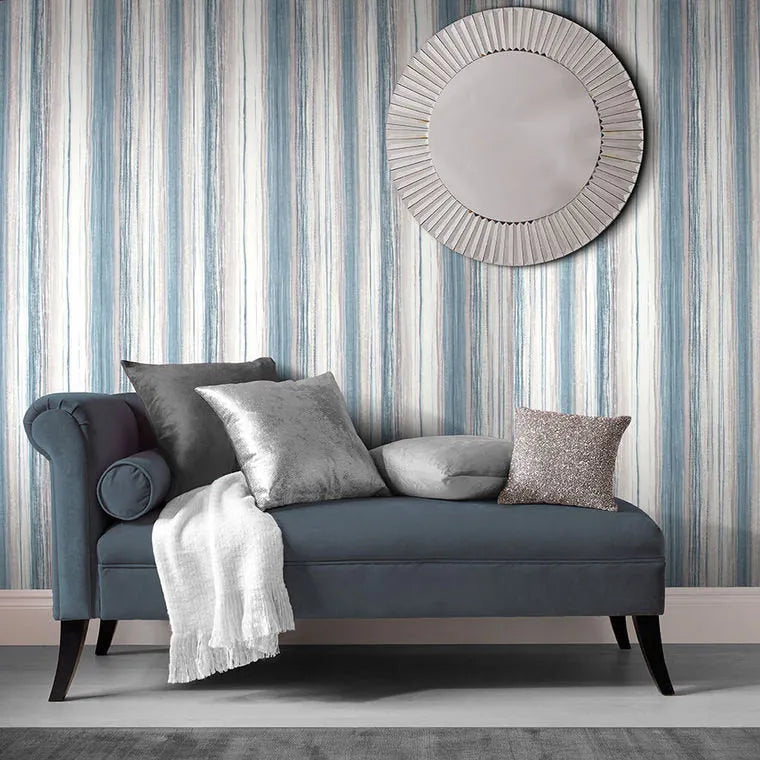 Closeup of a wallpaper showing its Blue, Grey, Stripes, White pattern, color, and subtle texture.