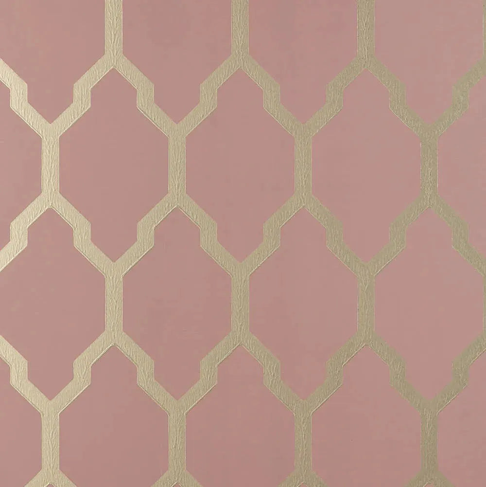 Closeup of a wallpaper showing its Contemporary, Geometric, Metallic, Pink, Trellis, Two-tone pattern, color, and subtle texture.