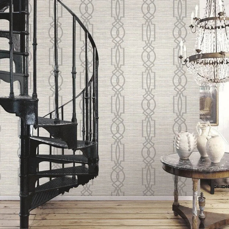 Closeup of a wallpaper showing its Geometric, Textile, Trellis, Two-tone pattern, color, and subtle texture.