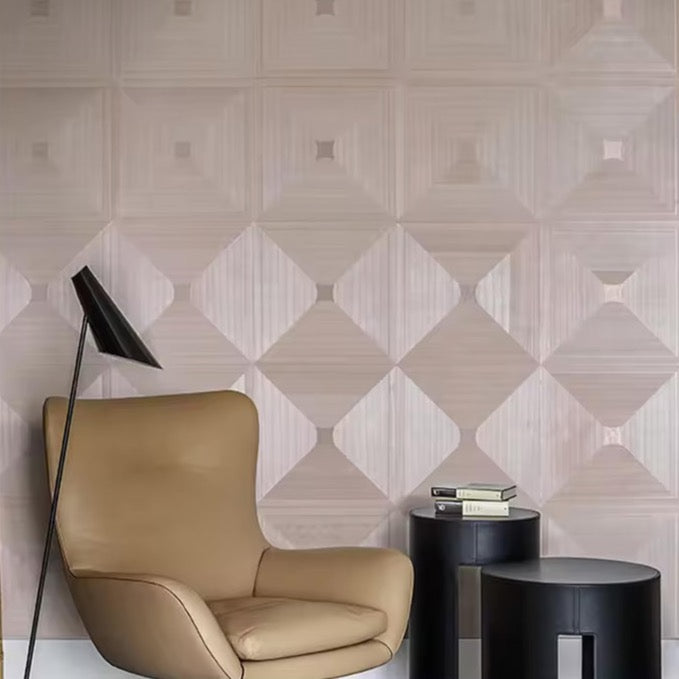 Closeup of a wallpaper showing its Geometric, Monochrome, Wood-veneer pattern, color, and subtle texture.