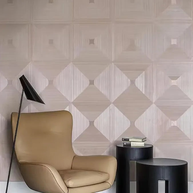 Closeup of a wallpaper showing its Geometric, Monochrome, Wood-veneer pattern, color, and subtle texture.