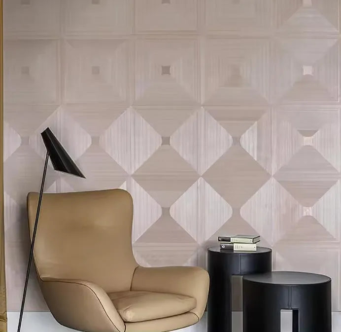 Closeup of a wallpaper showing its Geometric, Monochrome, Wood-veneer pattern, color, and subtle texture.