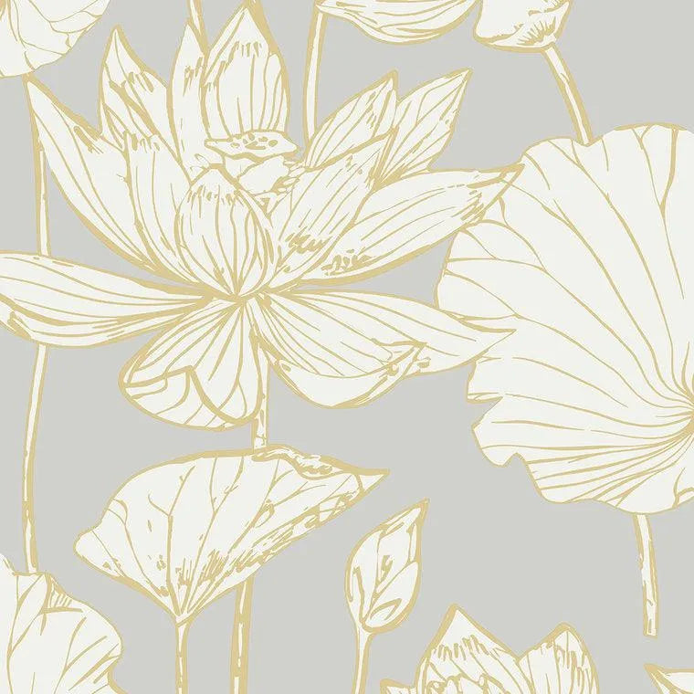 Closeup of a wallpaper showing its Floral, Metallic, Nature, Neutrals, Two-tone pattern, color, and subtle texture.