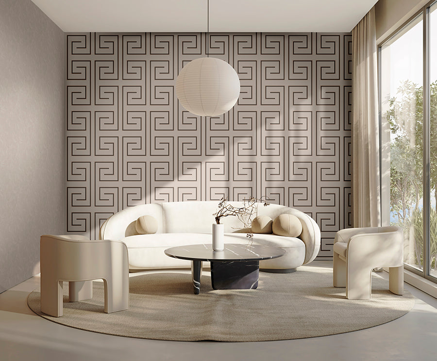 Modern living room with geometric wall pattern and white furniture