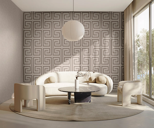 Modern living room with geometric wall pattern and white furniture