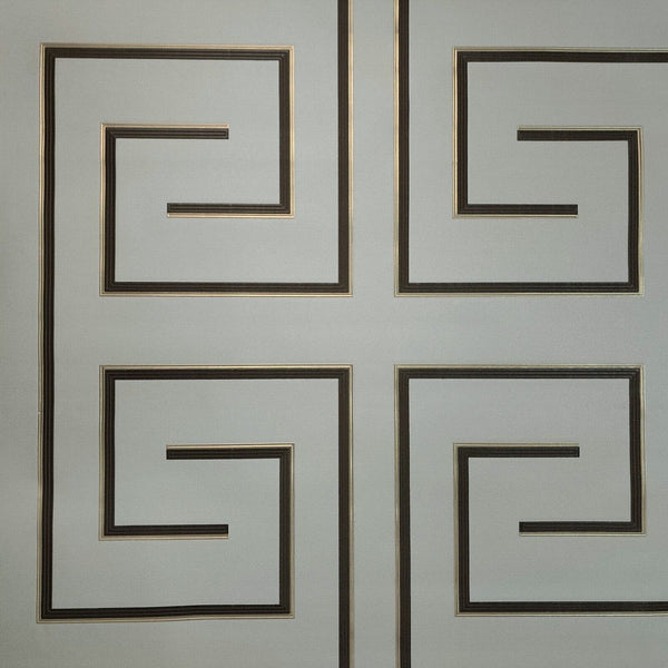 Decorative wallpaper with geometric patterns on a light gray background