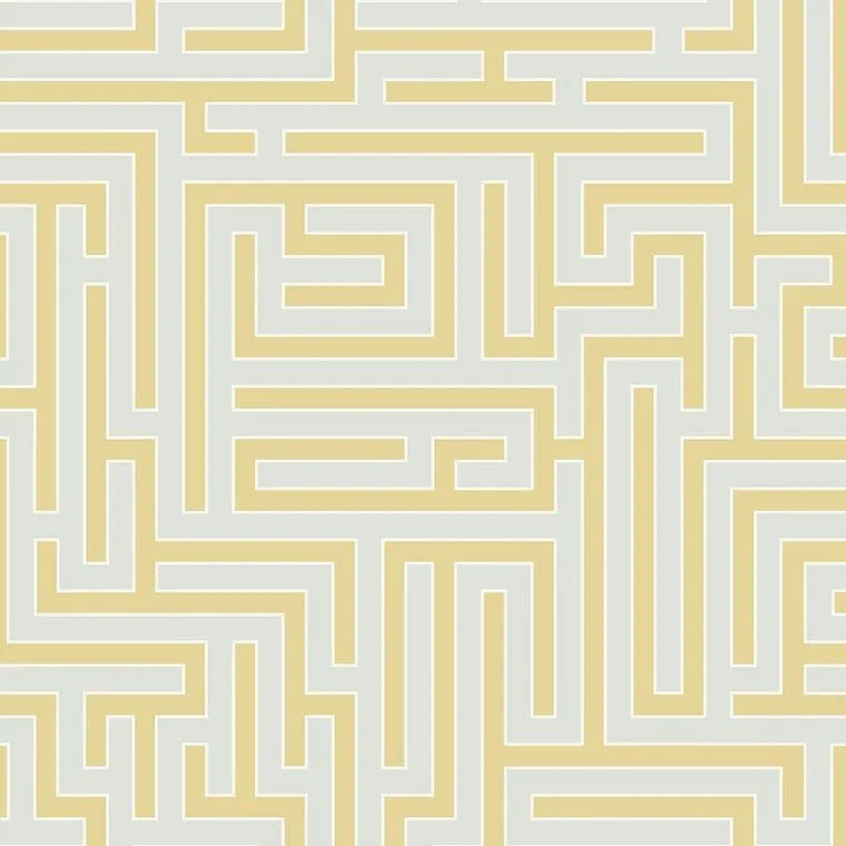 Closeup of a wallpaper showing its Geometric, Gold, Greek pattern, color, and subtle texture.