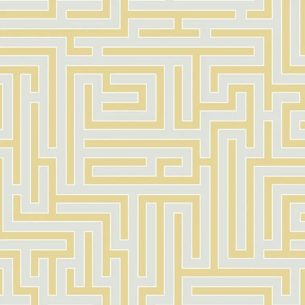 Closeup of a wallpaper showing its Geometric, Gold, Greek pattern, color, and subtle texture.