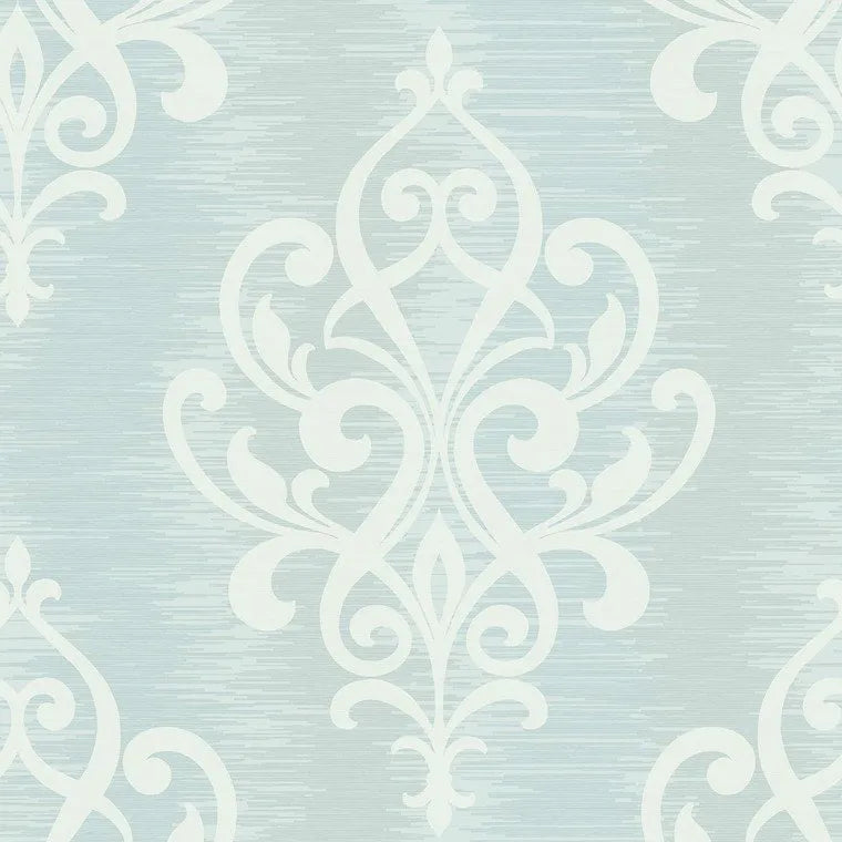 Closeup of a wallpaper showing its Blue, Damask, Two-tone pattern, color, and subtle texture.