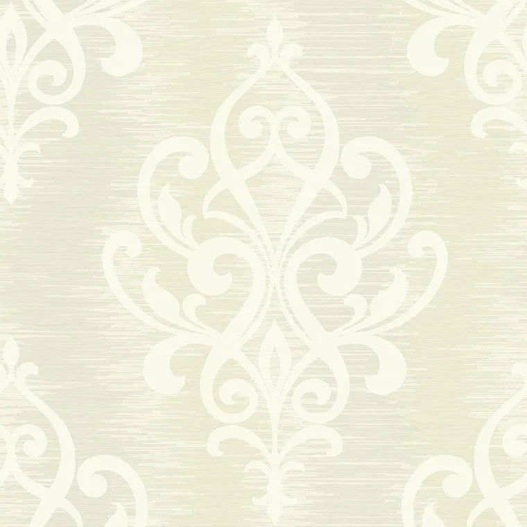 Closeup of a wallpaper showing its Cream, Damask, Neutrals pattern, color, and subtle texture.