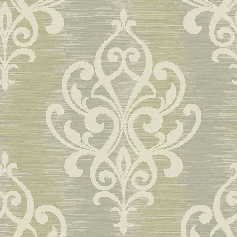 Closeup of a wallpaper showing its Damask, Neutrals, Silver pattern, color, and subtle texture.