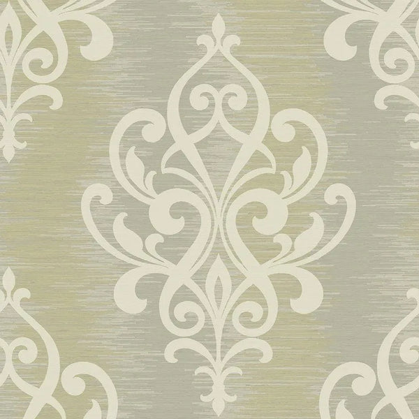 Closeup of a wallpaper showing its Damask, Neutrals, Silver pattern, color, and subtle texture.