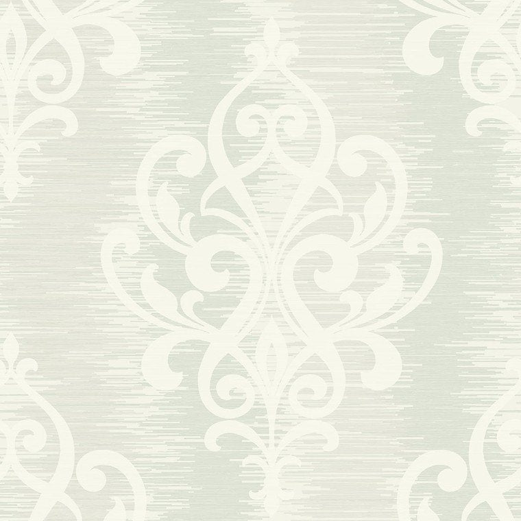 Closeup of a wallpaper showing its Damask, Silver pattern, color, and subtle texture.