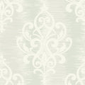 Closeup of a wallpaper showing its Damask, Silver pattern, color, and subtle texture.