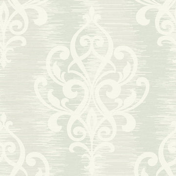 Closeup of a wallpaper showing its Damask, Silver pattern, color, and subtle texture.