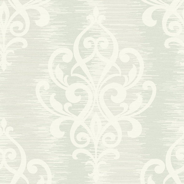 Closeup of a wallpaper showing its Damask, Silver pattern, color, and subtle texture.