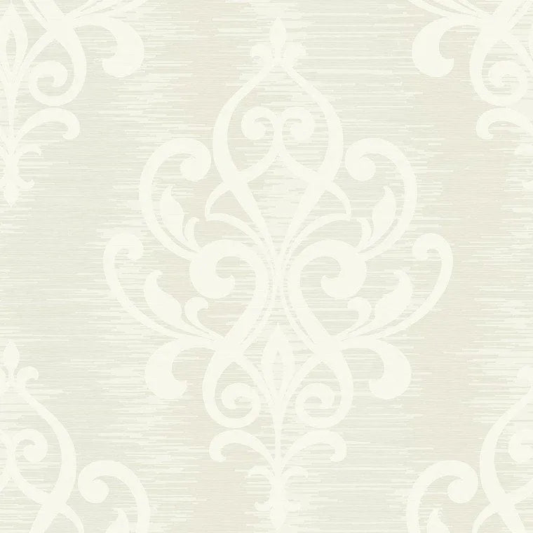 Closeup of a wallpaper showing its Cream, Damask, Neutrals pattern, color, and subtle texture.