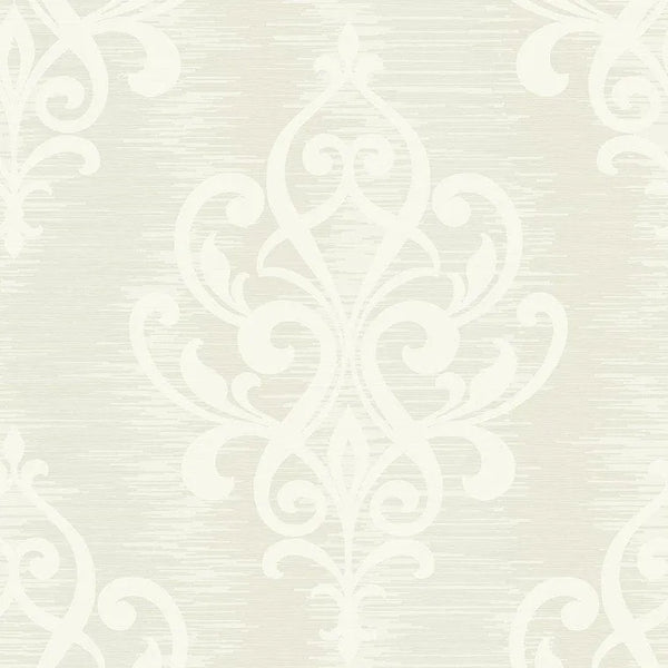 Closeup of a wallpaper showing its Cream, Damask, Neutrals pattern, color, and subtle texture.