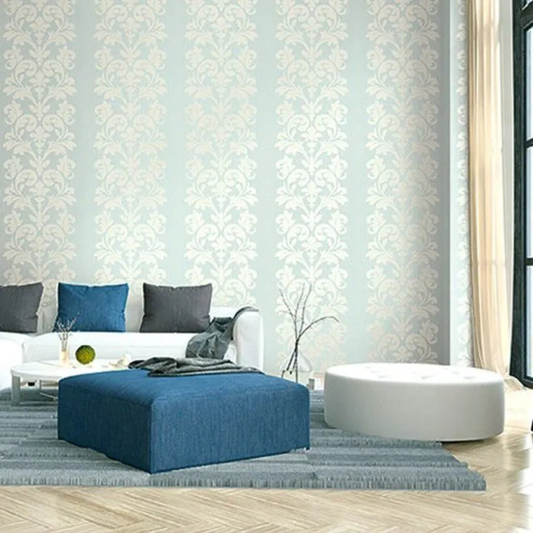 Wallpaper installed in a room showing its full pattern, color