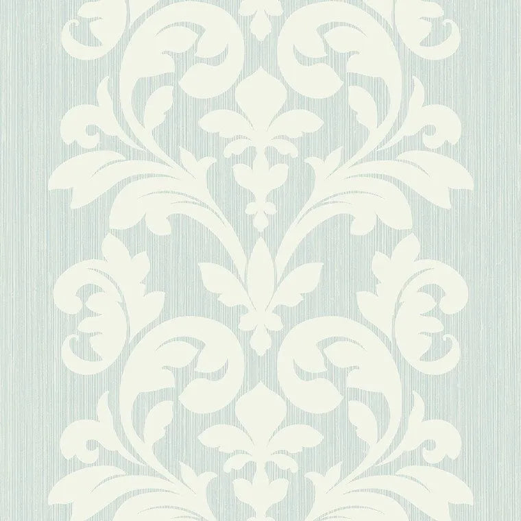 Closeup of a wallpaper showing its Damask, Green, Two-tone pattern, color, and subtle texture.