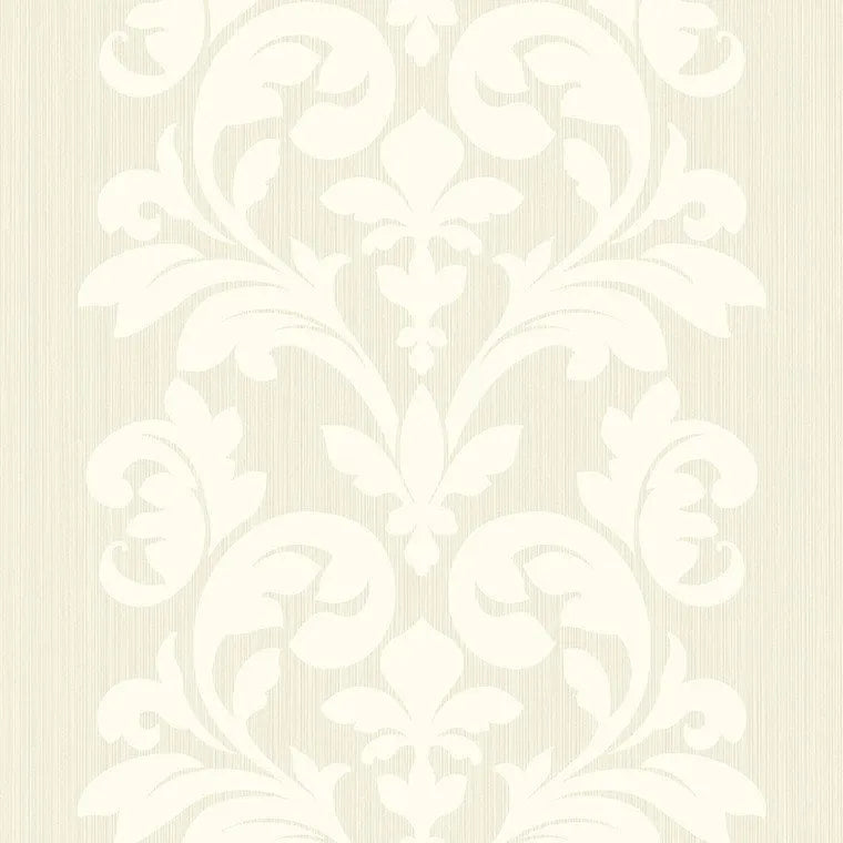 Closeup of a wallpaper showing its Cream, Damask, Neutrals, Two-tone pattern, color, and subtle texture.