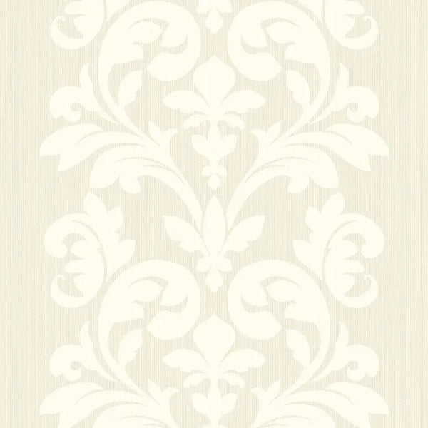 Closeup of a wallpaper showing its Cream, Damask, Neutrals, Two-tone pattern, color, and subtle texture.