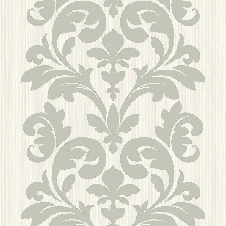 Closeup of a wallpaper showing its Damask, Neutrals, Two-tone pattern, color, and subtle texture.