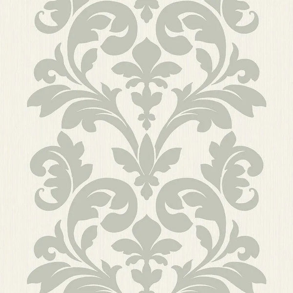 Closeup of a wallpaper showing its Damask, Neutrals, Two-tone pattern, color, and subtle texture.