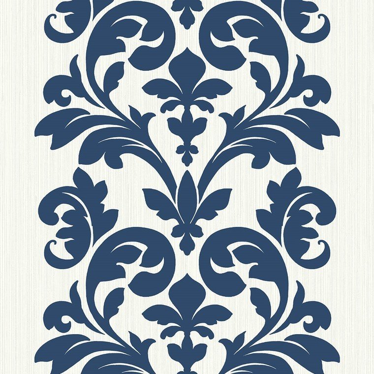 Closeup of a wallpaper showing its Blue, Damask, Two-tone pattern, color, and subtle texture.